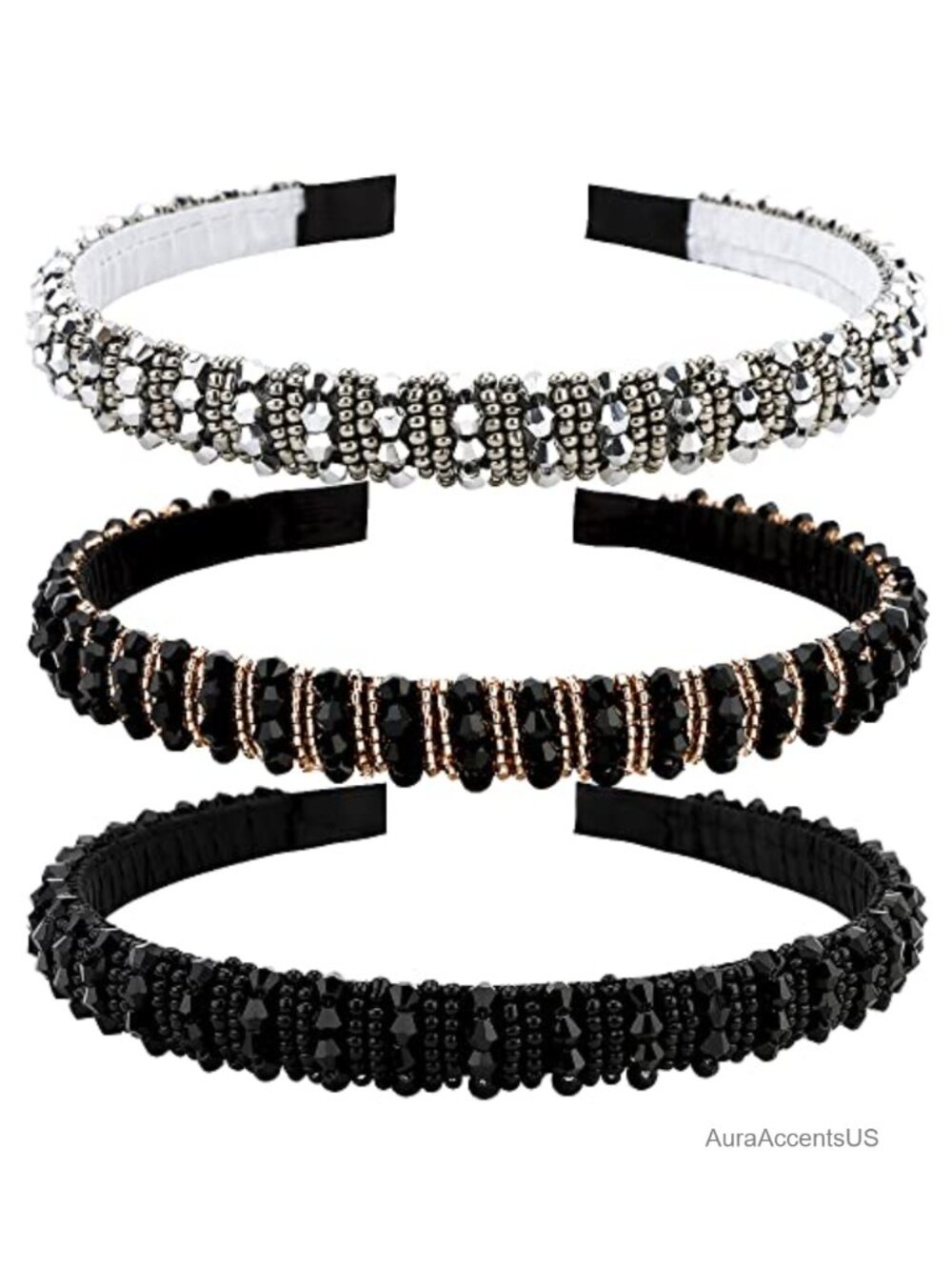 Beaded Crystal Rhinestone Headbands Sparkly Hair Accessories 3 Pack